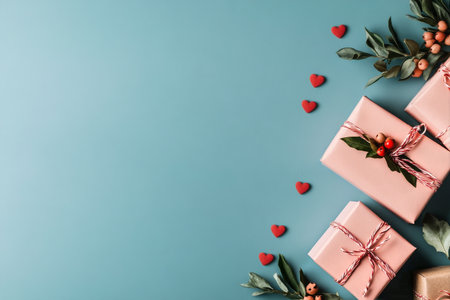 Wrapped presents sit on a blue surface, adorned with greenery and heart-shaped decorations, creating a cheerful atmosphere for celebrations and gift-giving.の素材