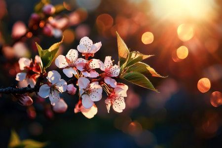 Cherry blossoms display delicate pink petals in the soft glow of sunset. The scene captures natures beauty as the sun sets, creating a warm ambiance in spring.の素材