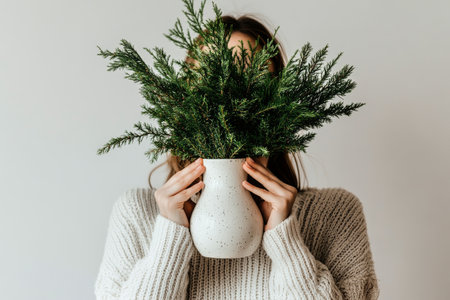 A person stands indoors, holding a white speckled vase filled with fresh green foliage. The bright space gives an inviting and cozy atmosphere, highlighting the natural beauty.の素材