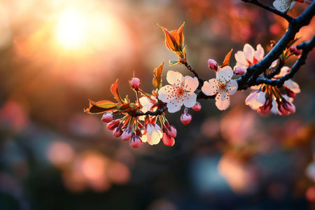 Cherry blossoms display delicate pink petals in the soft glow of sunset. The scene captures natures beauty as the sun sets, creating a warm ambiance in spring.の素材