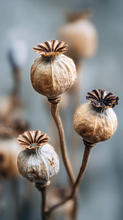 Dried poppy seed pods stand upright, showcasing their unique shapes and textures. The soft light enhances their natural colors, creating an artistic display of botanical beauty.の素材