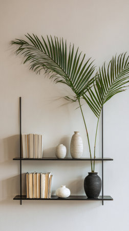 A black metal shelving unit displays white and black vases along with green palm leaves and neatly stacked books, adding a stylish touch to contemporary interior spaces.の素材