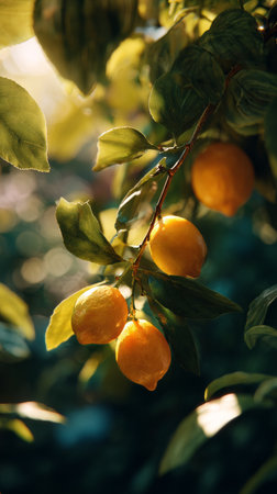 Two ripe lemons dangle from a tree branch, illuminated by gentle sunlight, surrounded by vibrant green leaves in a serene garden.の素材