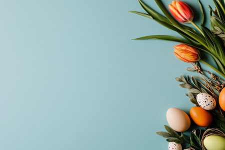 Vibrant tulips and green leaves surround decorative eggs in a variety of colors, creating a festive mood suitable for Easter celebrations.の素材