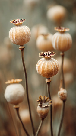 Dried poppy seed pods stand tall with intricate details, showing their unique shapes. The soft, blurred background enhances the natural beauty and earthy tones of the scene.の素材