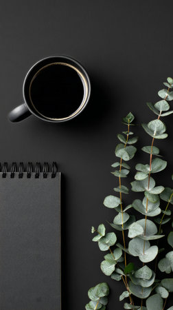 A black cup filled with coffee sits next to a blank notebook and fresh eucalyptus leaves on a dark surface, creating a calm and inviting workspace atmosphere.の素材