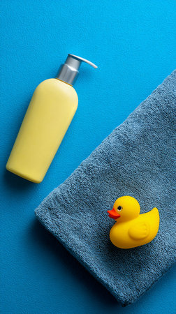A rubber duck rests beside a bottle of lotion on a vibrant blue towel. This setup suggests a playful and relaxing bath time atmosphere for kids or adults.の素材