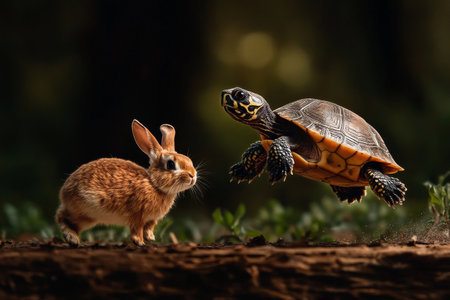 A curious rabbit observes a turtle gracefully jumping over a log in a vibrant forest setting. Sunlight filters through the trees, creating a magical atmosphere.の素材