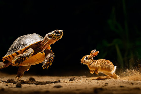 A turtle and a rabbit interact in a lively chase on a dirt path surrounded by greenery during golden hour, showing their unique characteristics and playful nature.の素材