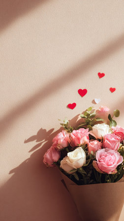 A lovely bouquet of pink roses wrapped in brown paper rests against a warm-colored wall, with red hearts gently floating above it, creating a romantic atmosphere.の素材