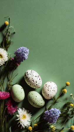 Easter eggs in pastel colors are arranged with fresh flowers on a vibrant green surface, creating a cheerful and festive atmosphere for spring celebrations.の素材