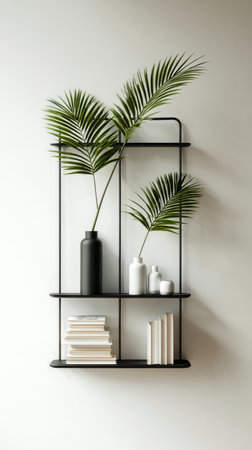 A black metal shelving unit displays white and black vases along with green palm leaves and neatly stacked books, adding a stylish touch to contemporary interior spaces.の素材
