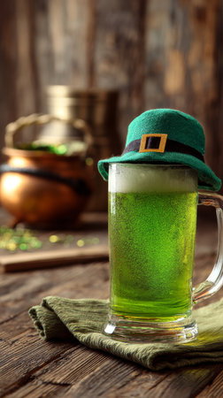 A frosty mug of green beer sits on a wooden surface, adorned with a small green hat. Gold coins and shamrocks surround the drink, enhancing the St. Patricks Day atmosphere.の素材