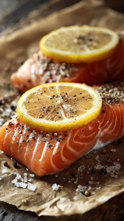 Juicy salmon fillets are displayed on parchment paper, garnished with fresh lemon slices and sprinkled with black pepper and sea salt, ready for cooking.の素材