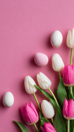 Vibrant pink and white tulips are arranged alongside decorative eggs on a soft pink surface. This delightful spring composition celebrates the seasons beauty and freshness.の素材