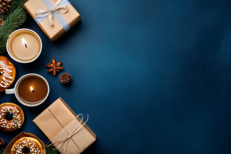 Colorful donuts and pastries sit on a black plate surrounded by decorated gift boxes and evergreen branches, creating a joyful holiday atmosphere perfect for celebration.の素材
