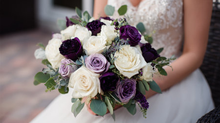 A bride holds a beautiful bouquet of white and purple roses, surrounded by lush greenery. The soft colors and floral arrangement create a romantic atmosphere during a joyful celebration.の素材