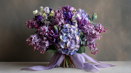 A stunning bouquet of lavender and purple flowers is elegantly tied with a soft ribbon. This arrangement adds charm to any celebration or event.の素材