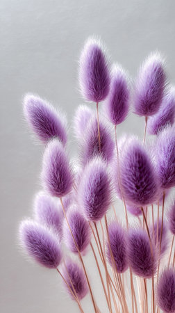 Lavender plants with fluffy purple blooms are arranged gracefully against a soft gray background, creating a tranquil and decorative atmosphere in the space.の素材