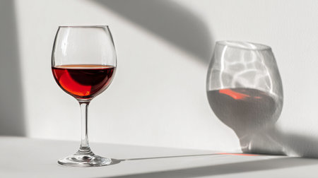 A wine glass filled with red liquid catches the sunlight, casting interesting shadows on the wall. Soft light enhances the textures and shapes, creating an enchanting ambiance.の素材
