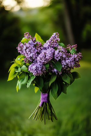 A vibrant bouquet of purple lilacs is held together with green leaves in a lush garden. The soft sunlight casts a warm glow, creating a calming atmosphere at dusk.の素材