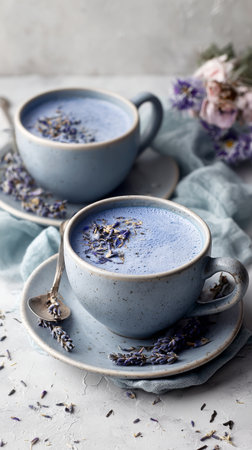 Lavender lattes are served in blue mugs, showcasing a creamy, light blue appearance. Dried lavender and rose petals are scattered around, adding a touch of color and elegance.の素材