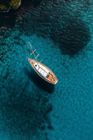 A sailboat drifts on turquoise waters near a rugged shoreline.の素材