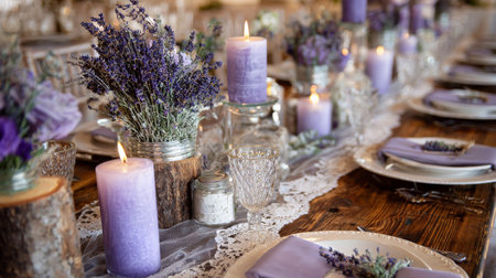 A beautifully arranged table features lavender candles, floral centerpieces, and delicate lace. The warm glow of the candles enhances the inviting atmosphere for guests.の素材
