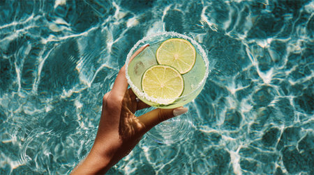 A hand holds a margarita glass filled with a light cocktail, adorned with lime slices and salt, as it rests in clear blue pool water reflecting sunlight.の素材