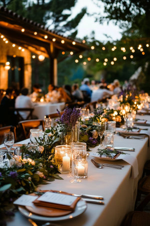 Long tables adorned with flowers and candles create a romantic atmosphere for an evening gathering. Guests enjoy their meals surrounded by twinkling lights in a garden setting.の素材