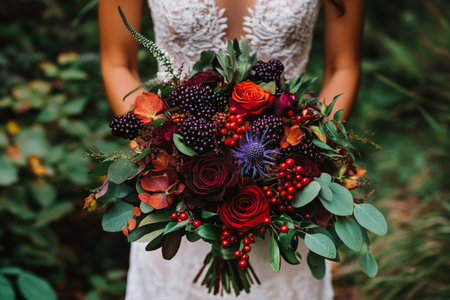 A person holds a stunning bouquet featuring deep red roses, berries, and green foliage in a vibrant garden. The arrangement showcases the beauty of autumn blooms in full color.の素材