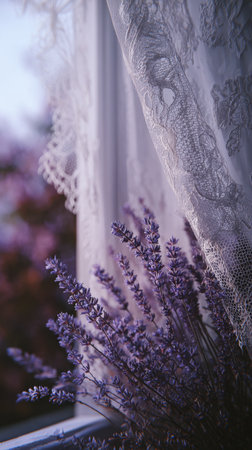 Lavender flowers are arranged near a lace curtain, capturing soft morning light that fills the space with a calm atmosphere, framed by hues of purple outside.の素材