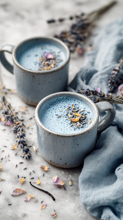 Two cups filled with vibrant blue lavender latte sit on a light marble countertop. Surrounding the cups are dried flowers and a vintage spoon, creating a serene and colorful arrangement.の素材
