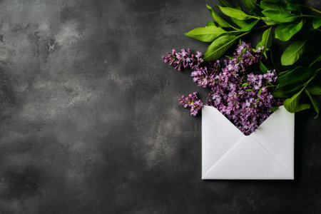 Vibrant lilac flowers and green leaves are arranged in a white envelope, creating a charming display on a dark textured surface. This setup evokes a sense of freshness and creativity.の素材