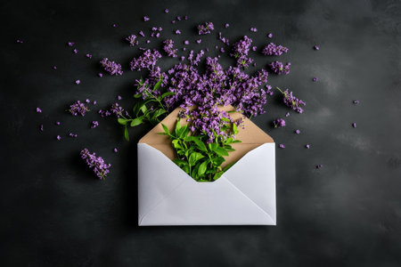 Vibrant lilac flowers and green leaves are arranged in a white envelope, creating a charming display on a dark textured surface. This setup evokes a sense of freshness and creativity.の素材