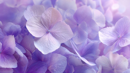 A close-up view of lavender flowers displaying soft pastel shades. Dew glistens on the petals as sunlight filters through, creating a serene and tranquil atmosphere.の素材