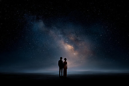 A couple stands together, captivated by the dazzling stars and Milky Way above them. The peaceful landscape enhances the magical evening atmosphere as twilight sets in.の素材
