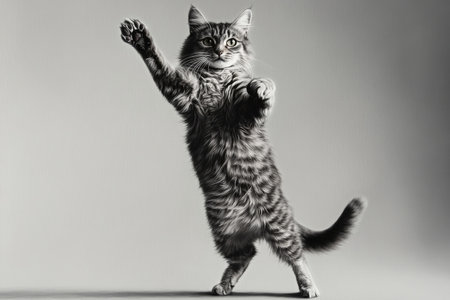 A gray and white tabby cat stands on its hind legs with paws raised, showcasing a playful stance against a neutral backdrop during the day.の素材