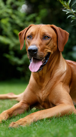 A cheerful dog lies comfortably on lush green grass, enjoying the warm sunlight in a tranquil garden environment, surrounded by plants and trees.の素材