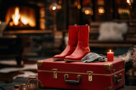 Bright red boots are placed neatly on a vintage red suitcase in a rustic cabin living room, surrounded by wooden elements and a warm atmosphere.の素材
