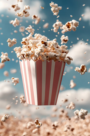 Popcorn flies through the air from a striped container, creating a playful and dynamic atmosphere under a bright blue sky dotted with white clouds.の素材