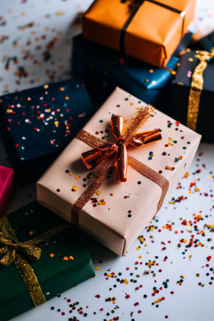 Vibrant gift boxes in various colors are arranged attractively on a white background, surrounded by sparkling confetti that enhances the festive atmosphere.の素材