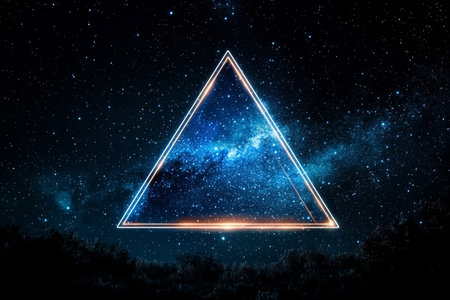 A glowing triangle shape overlays a vibrant galaxy, surrounded by countless stars in a dark, clear night sky. The view inspires wonder and evokes thoughts of the universes vastness.の素材