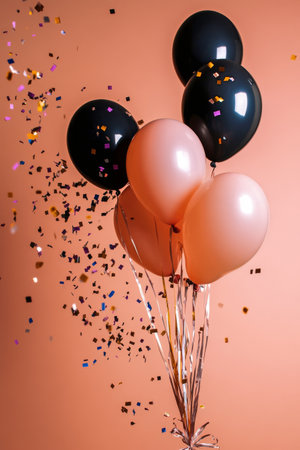 Numerous glossy pink balloons are gathered together with scattered confetti against a soft pink background, creating a festive and lively party vibe perfect for celebrations.の素材