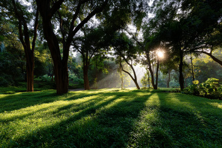 Sunlight breaks through the trees in a vibrant forest, casting enchanting shadows on the green grass at dawn. The peaceful atmosphere invites exploration and tranquility.の素材
