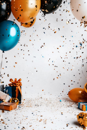 Bright balloons in black, gold, and blue float above scattered confetti and wrapped gifts, setting a cheerful mood for a joyful gathering or party.の素材