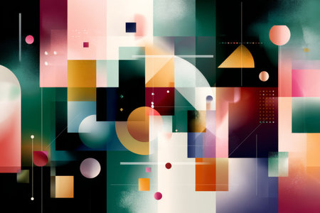 Abstract artwork features overlapping geometric shapes in a blend of vibrant colors, creating a visually engaging and modern artistic expression that draws attention.の素材