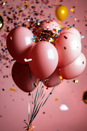 Numerous glossy pink balloons are gathered together with scattered confetti against a soft pink background, creating a festive and lively party vibe perfect for celebrations.の素材