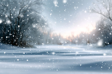 Soft snowflakes drift through the air, enveloping the tranquil winter landscape at twilight. Trees stand still, creating a peaceful atmosphere as day transitions to night.の素材
