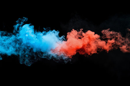 Vivid swirls of blue and red smoke blend, creating striking visual effects against a black background during a nighttime event, captivating viewers with their movement.の素材